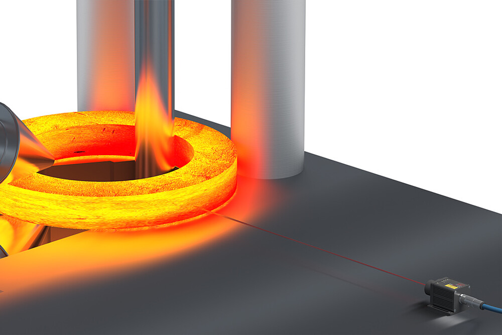 Der Laser-Distanzsensor misst auf rot-glühende Metalle.